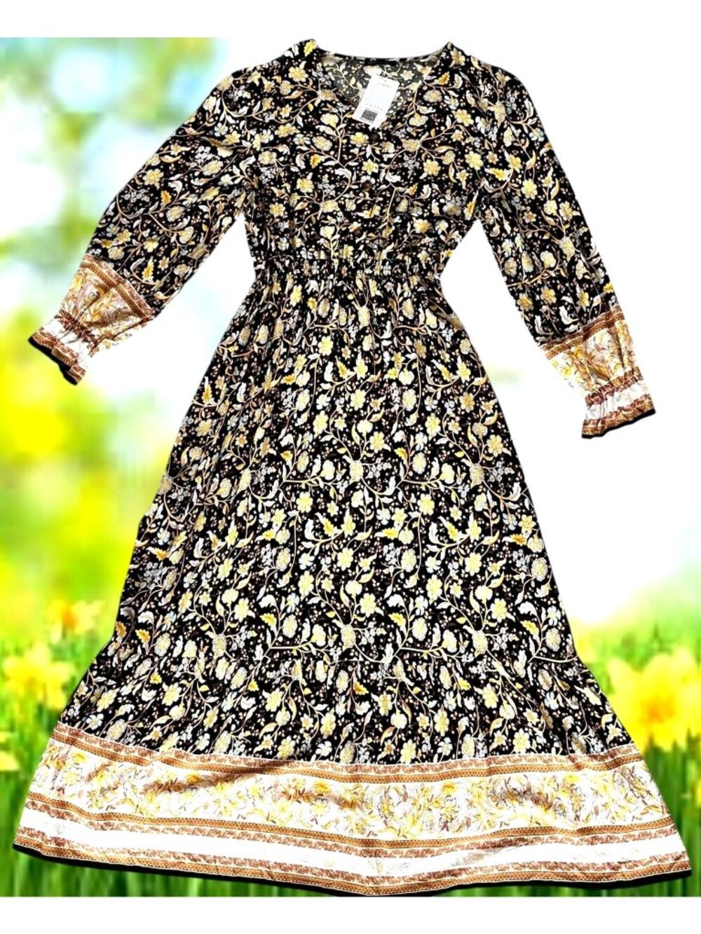 NWT Prettygarden Maxi Dress Large Yellow Black Floral Prairie Long Sleeves